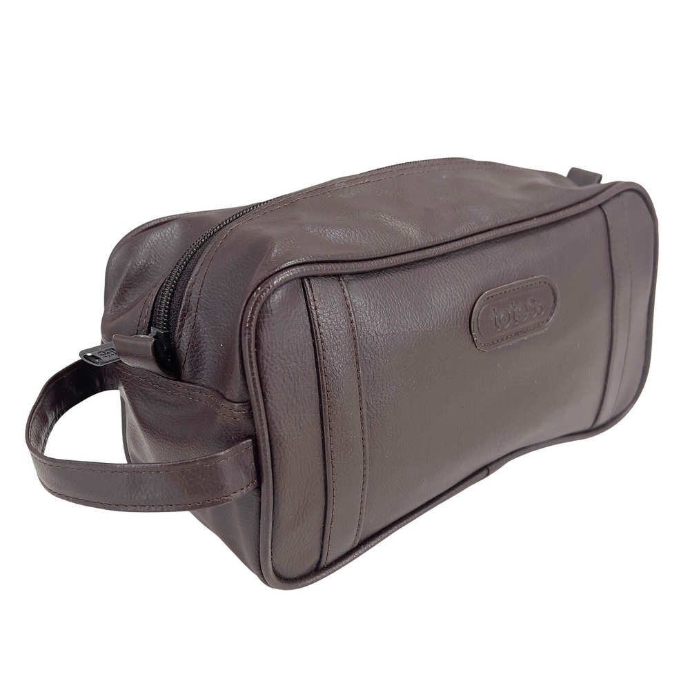 Vintage Totes Mens‎ Dopp Kit Toiletry Bag Brown Faux Leather Travel Grooming 90s